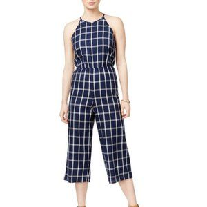 Grid print cropped halter jumpsuit